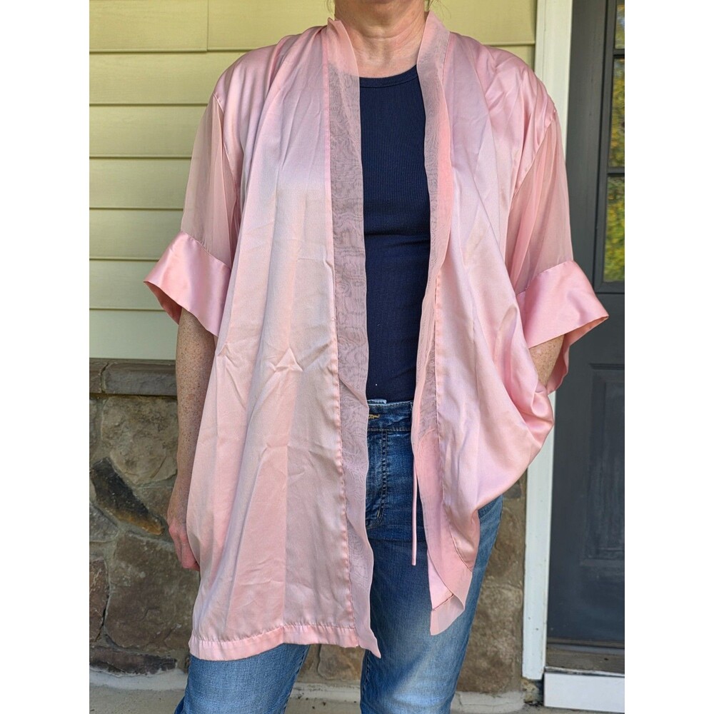 Vintage Victoria's Secret Gold Label Satin Sheer Blush Pink Kimono Robe Lingerie